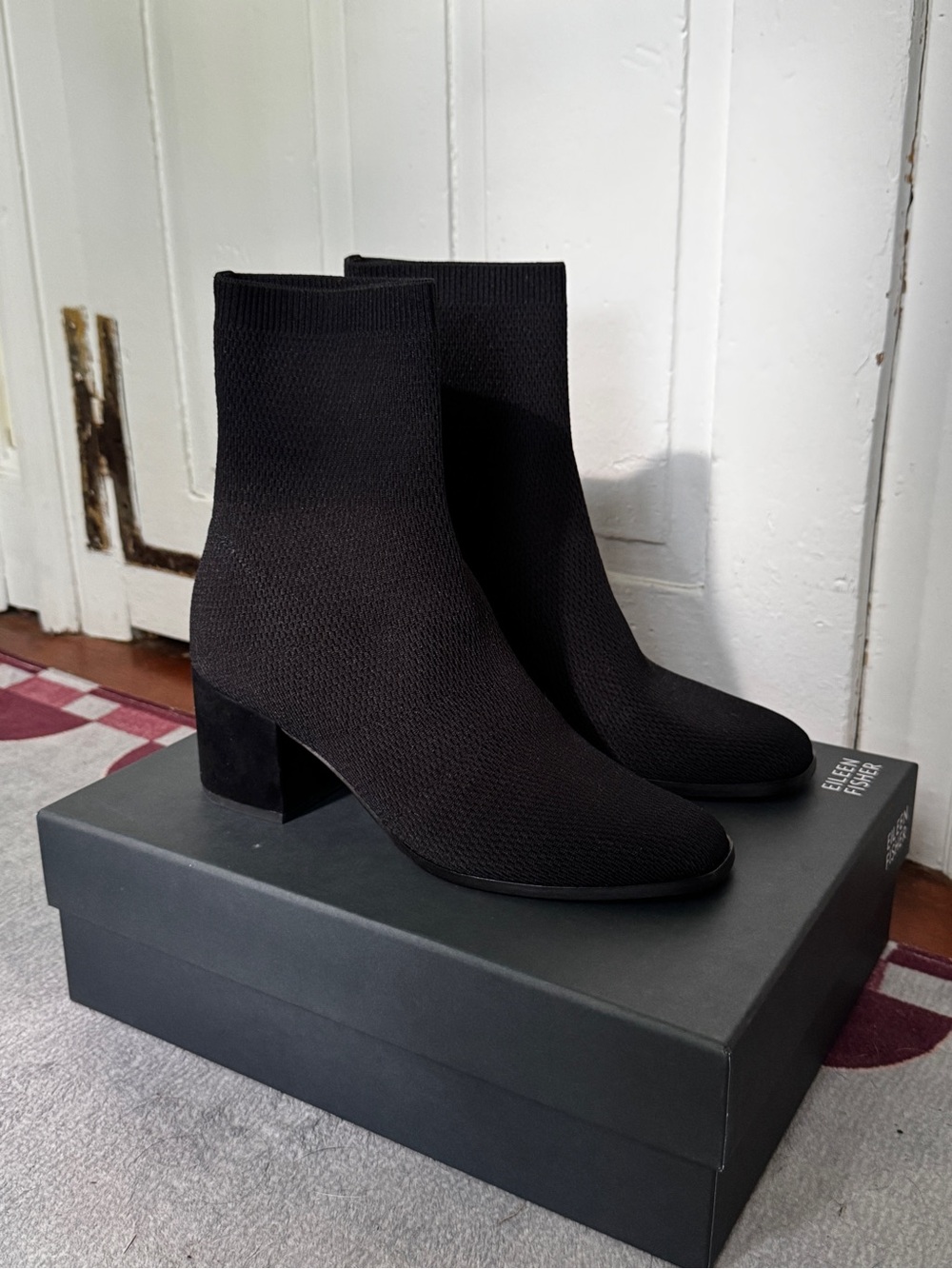 Eileen Fisher Ohm Black Stretch Knit Sock Bootie Block Heel Square Toe Sz 9